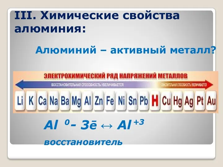 III. Химические свойства алюминия: Алюминий – активный металл? Al - 3ē  Al восстановитель +3 0