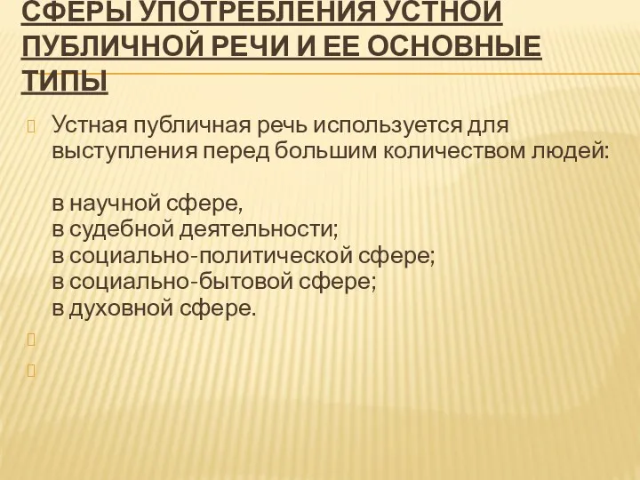 Сферы употребления устной публичной речи и ее основные типы Устная