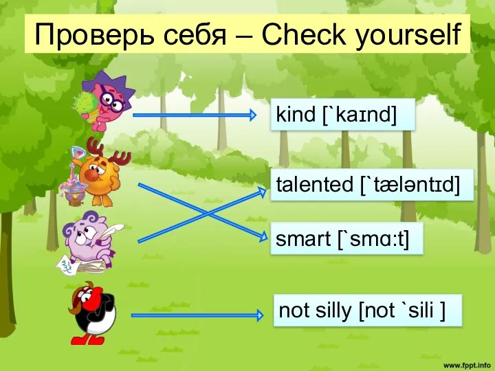 Проверь себя – Check yourself kind [`kaɪnd] smart [`smɑ:t] talented [`tæləntɪd] not silly [not `sili ]