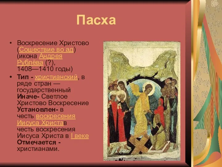 Пасха Воскресение Христово (Сошествие во ад) (икона Андрея Рублёва (?), 1408—1410 годы) Тип