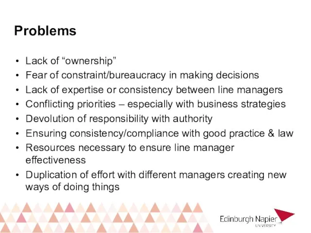 Problems Lack of “ownership” Fear of constraint/bureaucracy in making decisions