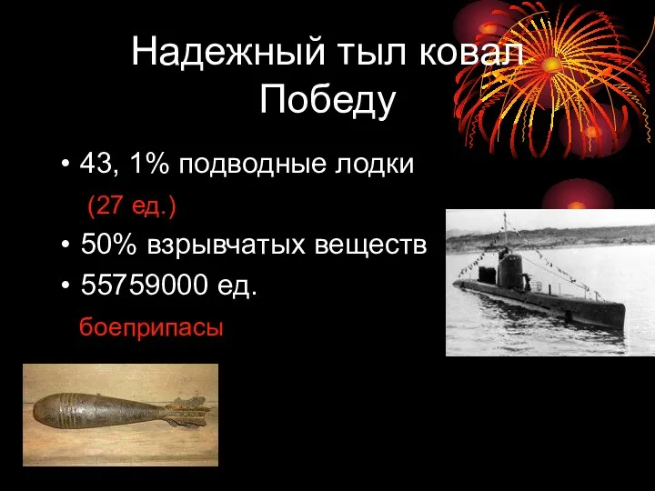 Надежный тыл ковал Победу 43, 1% подводные лодки (27 ед.) 50% взрывчатых веществ 55759000 ед. боеприпасы