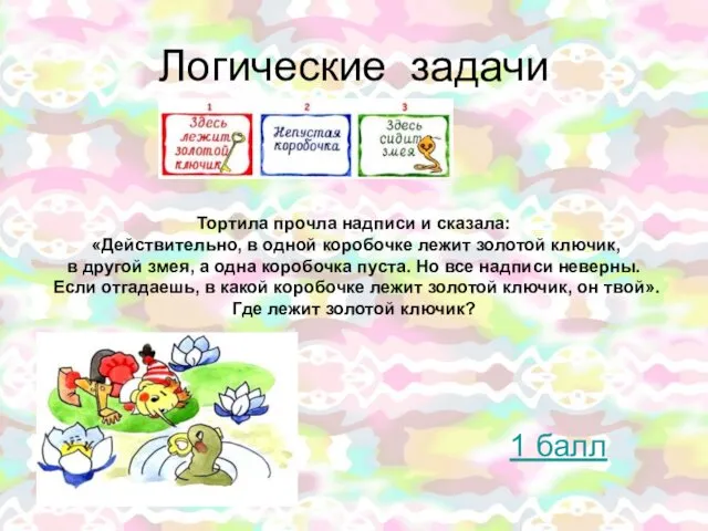 Логические задачи 1 балл Тортила прочла надписи и сказала: «Действительно,