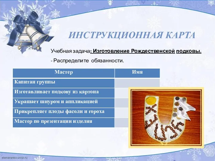 Инструкционная карта Учебная задача: Изготовление Рождественской подковы. - Распределите обязанности.