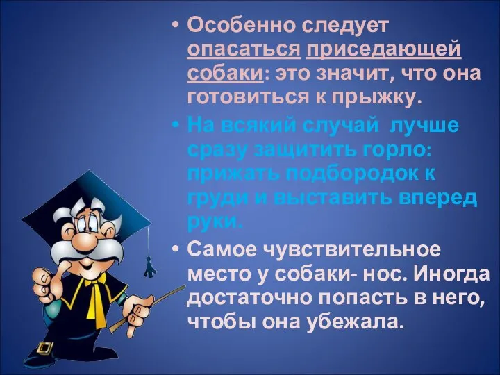 Особенно следует опасаться приседающей собаки: это значит, что она готовиться