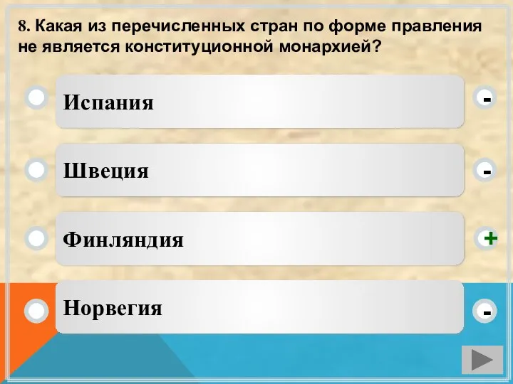 8. Какая из перечисленных стран по форме правления не является