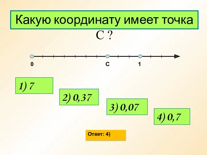 0 1 С Ответ: 4) Какую координату имеет точка С ? 1) 7