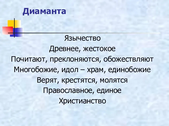 Диаманта Язычество Древнее, жестокое Почитают, преклоняются, обожествляют Многобожие, идол – храм, единобожие Верят,