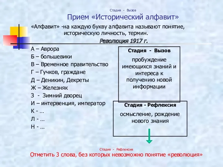 «Алфавит» -на каждую букву алфавита называют понятие, историческую личность, термин. Революция 1917 г.