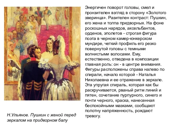 Н.Ульянов. Пушкин с женой перед зеркалом на придворном балу Энергичен поворот головы, смел