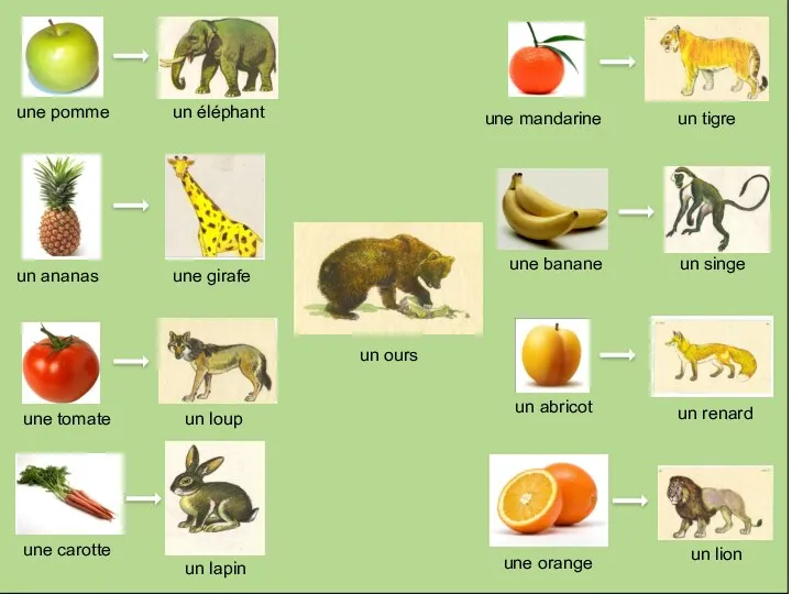 une pomme un ananas une tomate une mandarine une carotte