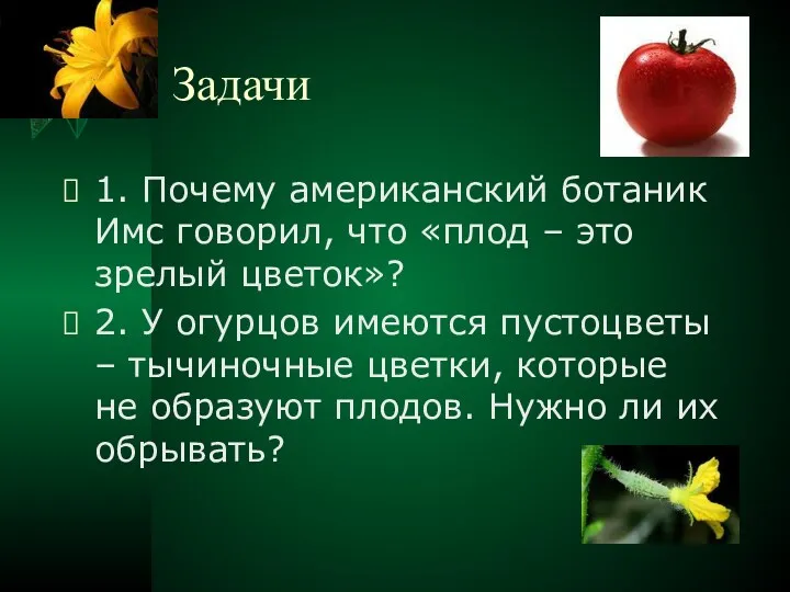 Задачи 1. Почему американский ботаник Имс говорил, что «плод –