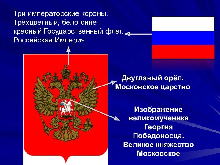 Три императорские короны. Трёхцветный, бело-сине-красный Государственный флаг. Российская Империя. Двуглавый