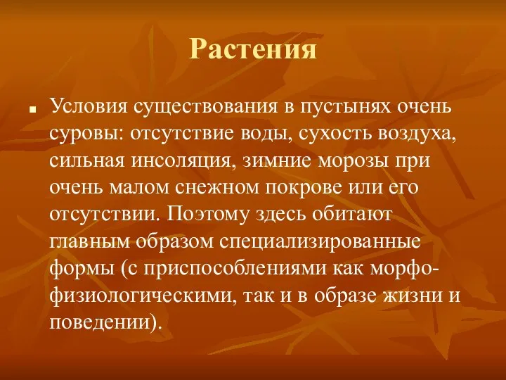 Растения Условия существования в пустынях очень суровы: отсутствие воды, сухость