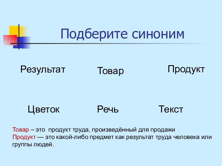 Подберите синоним Результат Продукт Товар Цветок Речь Текст Товар –