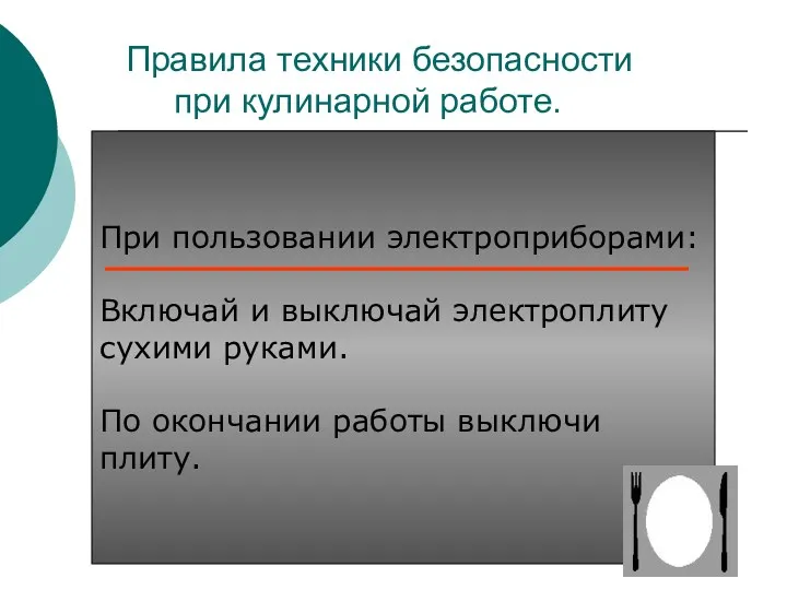 Правила техники безопасности при кулинарной работе. При пользовании электроприборами: Включай