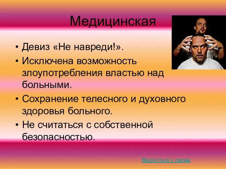 Медицинская Девиз «Не навреди!». Исключена возможность злоупотребления властью над больными.