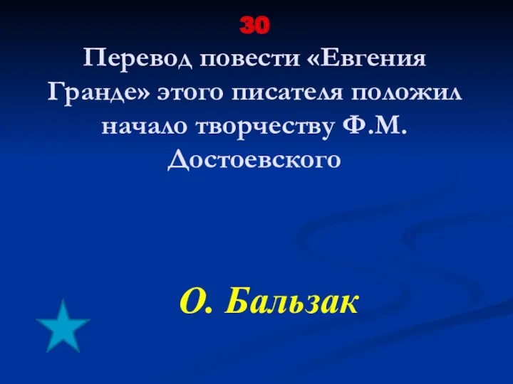 30 Перевод повести «Евгения Гранде» этого писателя положил начало творчеству Ф.М.Достоевского О. Бальзак