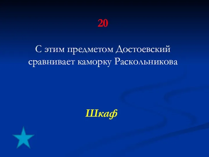 20 С этим предметом Достоевский сравнивает каморку Раскольникова Шкаф