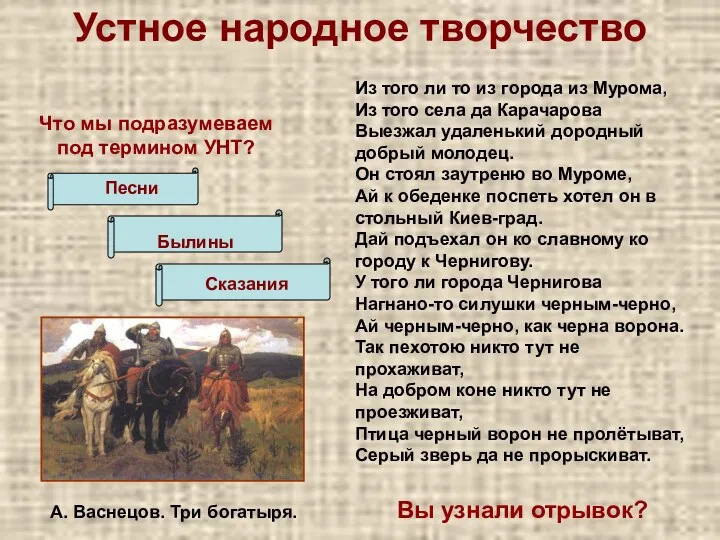 Устное народное творчество Песни Былины Сказания Из того ли то