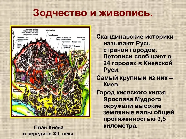 Зодчество и живопись. Скандинавские историки называют Русь страной городов. Летописи сообщают о 24