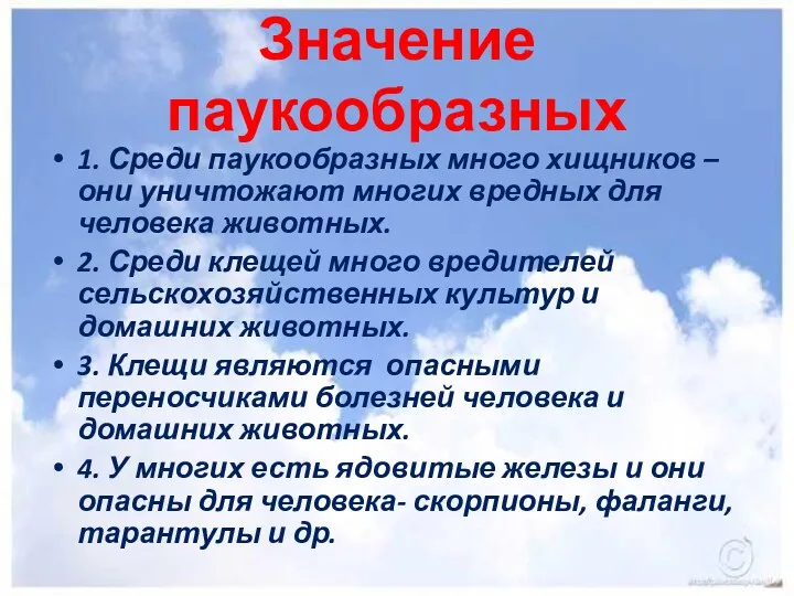 Значение паукообразных 1. Среди паукообразных много хищников – они уничтожают