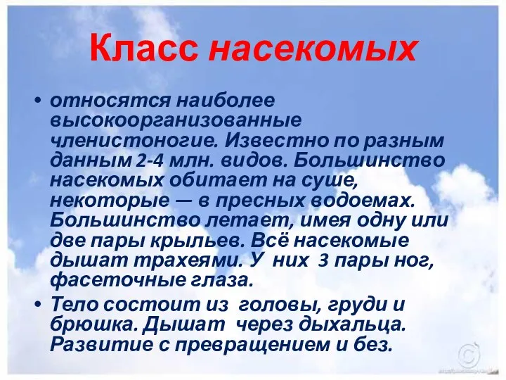 Класс насекомых относятся наиболее высокоорганизованные членистоногие. Известно по разным данным