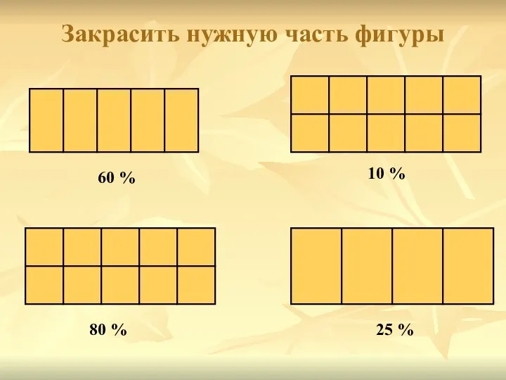 Закрасить нужную часть фигуры 60 % 10 % 80 % 25 %