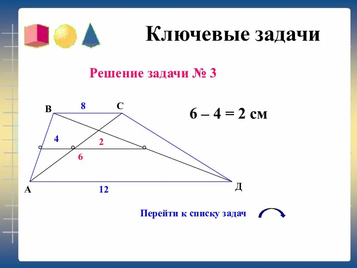 Ключевые задачи Решение задачи № 3 6 – 4 = 2 см В