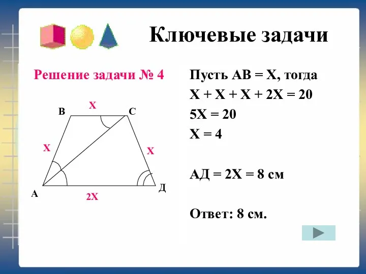 Ключевые задачи Решение задачи № 4 Пусть АВ = Х, тогда Х +