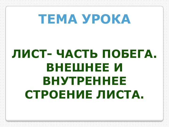 Тема урока Лист- часть побега. Внешнее и внутреннее строение листа.