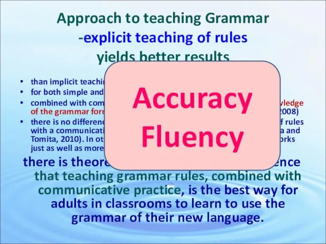 Approach to teaching Grammar -explicit teaching of rules yields better results than implicit