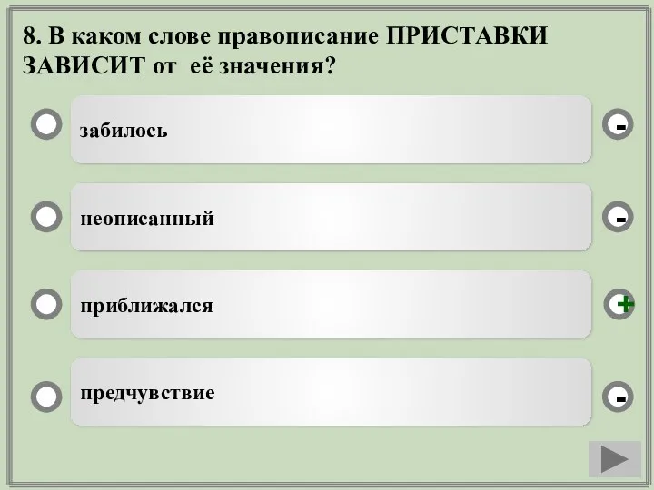 8. В каком слове правописание ПРИСТАВКИ ЗАВИСИТ от её значения?