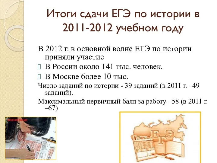 Итоги сдачи ЕГЭ по истории в 2011-2012 учебном году В