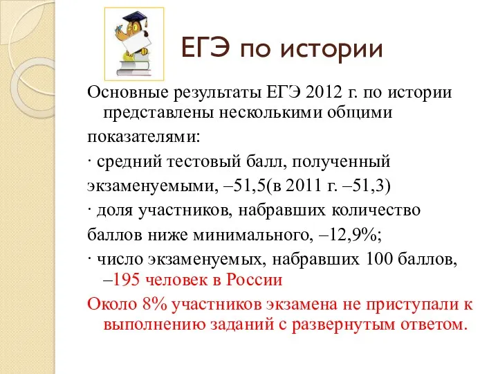 ЕГЭ по истории Основные результаты ЕГЭ 2012 г. по истории