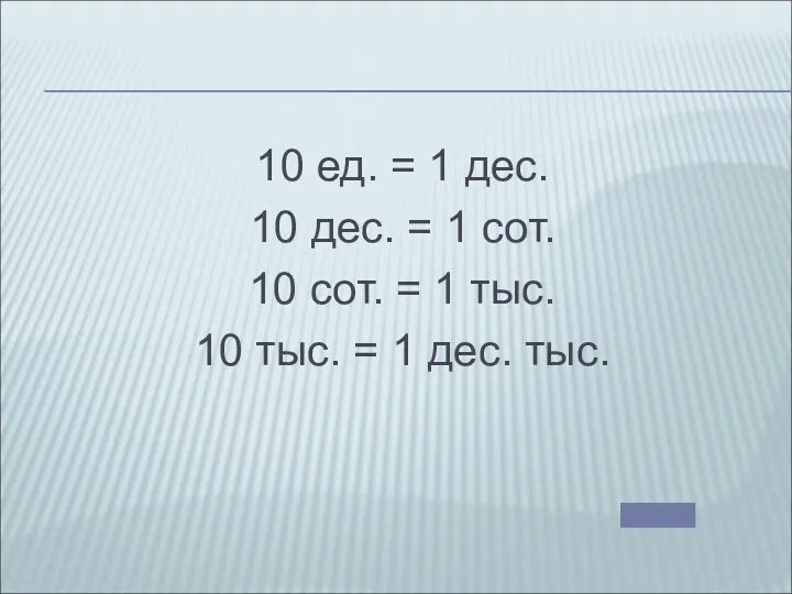 10 ед. = 1 дес. 10 дес. = 1 сот.