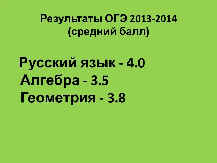 Результаты ОГЭ 2013-2014 (средний балл) Русский язык - 4.0 Алгебра - 3.5 Геометрия - 3.8