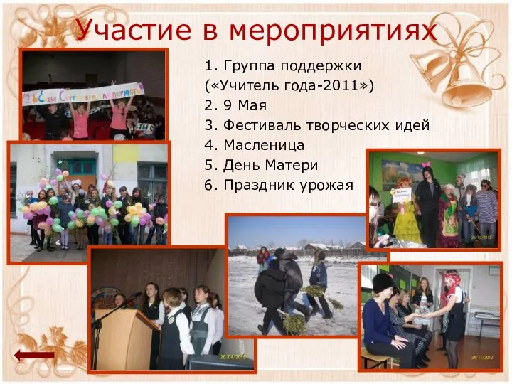 Участие в мероприятиях 1. Группа поддержки («Учитель года-2011») 2. 9