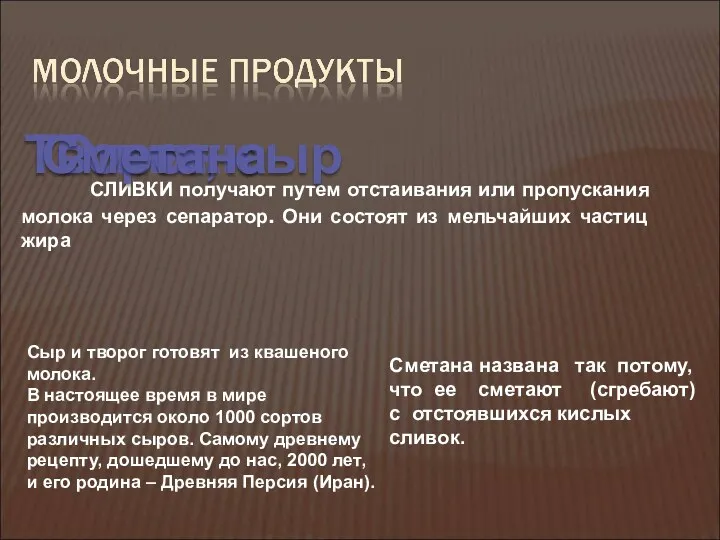 Сливки СЛИВКИ получают путем отстаивания или пропускания молока через сепаратор.