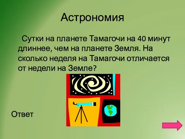 Астрономия Сутки на планете Тамагочи на 40 минут длиннее, чем на планете Земля.