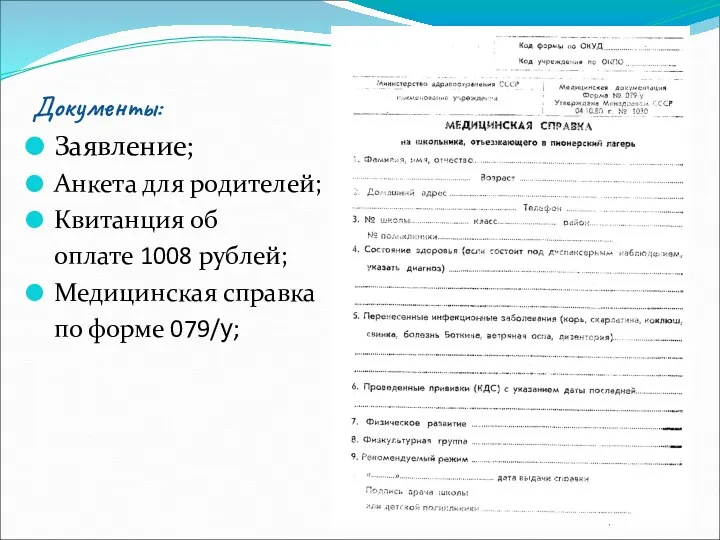 Документы: Заявление; Анкета для родителей; Квитанция об оплате 1008 рублей; Медицинская справка по форме 079/у;