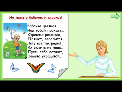 Не ловите бабочек и стрекоз! Бабочка цветная Над тобой порхает… Стрекоза резвится, Пляшет,