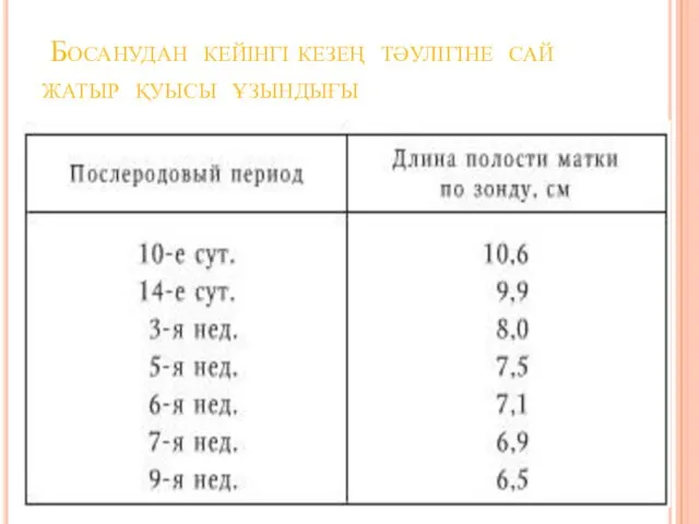 Босанудан кейінгі кезең тәулігіне сай жатыр қуысы ұзындығы