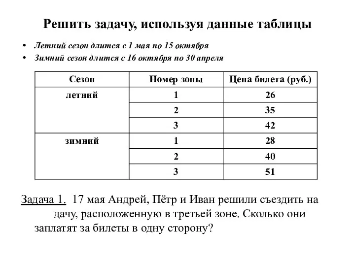 Решить задачу, используя данные таблицы Летний сезон длится с 1 мая по 15