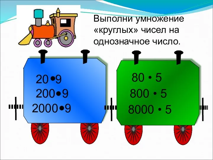 80 • 5 800 • 5 8000 • 5 Выполни умножение «круглых» чисел на однозначное число.