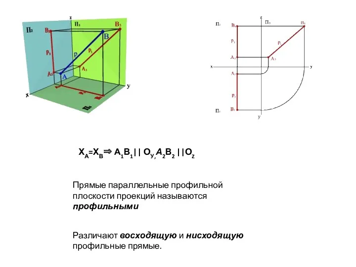 Прямые параллельные профильной плоскости проекций называются профильными ХА=ХВ|| ОУ,А2В2 ||ОZ Различают восходящую и нисходящую профильные прямые.