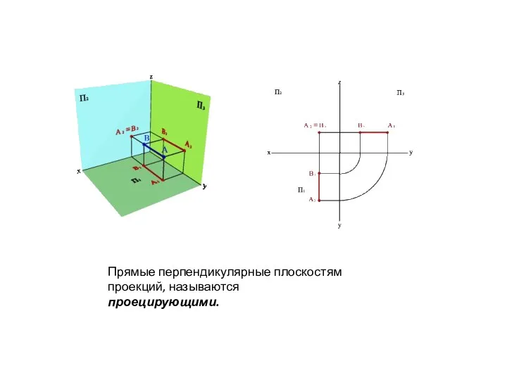 Прямые перпендикулярные плоскостям проекций, называются проецирующими.