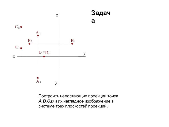 Построить недостающие проекции точек А,В,С,D и их наглядное изображение в системе трех плоскостей проекций. Задача