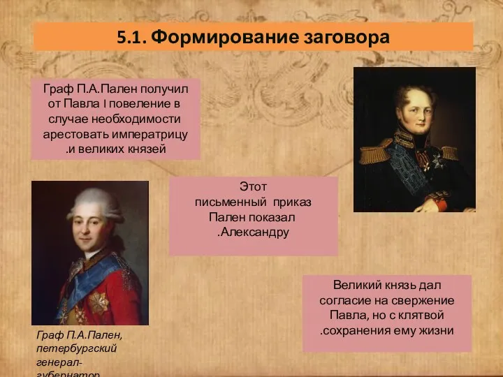 5.1. Формирование заговора Граф П.А.Пален получил от Павла I повеление