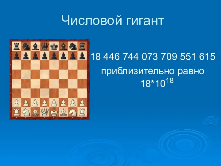 Числовой гигант 18 446 744 073 709 551 615 приблизительно равно 18*1018